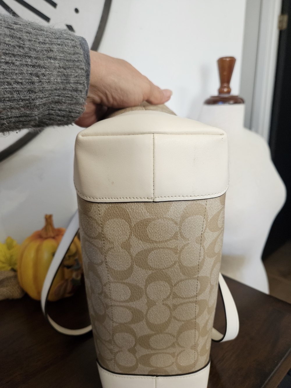 Coach Beige Signature Canvas Tote with White Trim - Picture 5 of 11